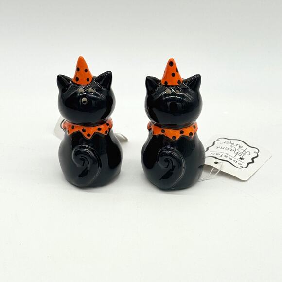 Johanna Parker Black Cat Salt and Pepper Shakers Set Grinning Jack Halloween New - Picture 3 of 7